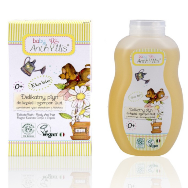 Delikatny płyn do kąpieli i szampon 2 w 1, proteiny ryżu, ekstrakt z hibiskusa z upraw organicznych, 400 ml, Baby Anthyllis