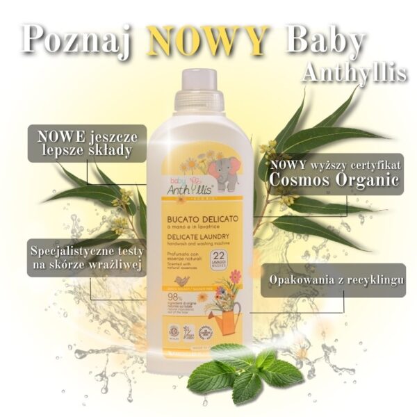 NOWY naturalny płyn do prania ubranek dziecięcych, do prania ręcznego i w pralce, Certyfikowany, 1l, Baby Anthyllis