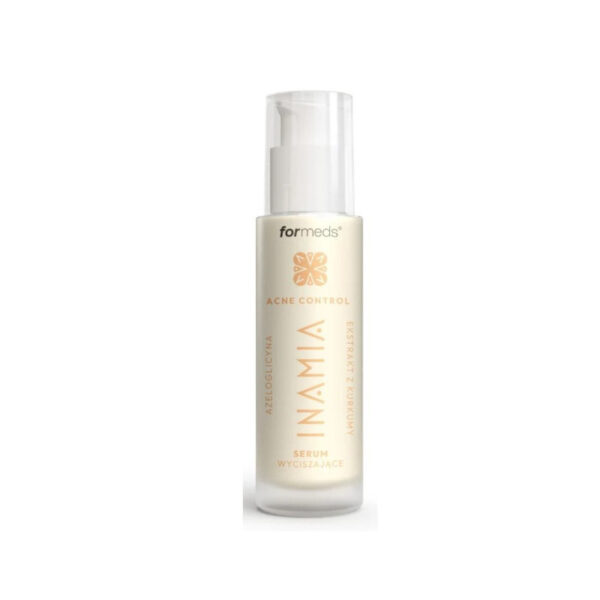 Serum INAMIA acne control 30ml - Formeds dla redukcji świecenia i tłustości produkt jest niekomedogenny Zawartość składników aktywnych: Azeloglicyna (15%) (Potassium Azeloyl Diglycinate) Wspiera pielęgnację cery problematycznej. Wykazuje działanie przeciwtrądzikowe. Kontroluje produkcję sebum, działa rozjaśniająco, wygładzająco i rozświetlająco. Ekstrakt z kurkumy (2%) (Curcuma Longa Root Extract) Wykazuje działanie wyciszające. Jest naturalnym przeciwutleniaczem - zwalcza wolne rodniki, wyrównuje koloryt skóry oraz rozjaśnia plamy pigmentacyjne. Działa kojąco na podrażnioną skórę, w związku z czym jest polecany również do cery wrażliwej. Postbiotyk morski (EPS Seapur PA) Dzięki dużej zgodności z mikrobiotą skóry, współpracuje z miejscową florą bakteryjną. Działa synergistycznie z mikrobiotą skóry, ograniczając rozwój bakterii trądzikowych. Wpływa pozytywnie na jakość funkcjonowania bariery ochronnej skóry Niacynamid (5%) (Niacinamide) Wspiera funkcje barierowe skóry i poprawia jej nawilżenie, reguluje wydzielanie sebum, a także działa antyoksydacyjnie i wspomaga walkę z przebarwieniami. Skład: Aqua, Potassium Azeloyl Diglycinate, Niacinamide, Glycerin, Cannabis Sativa Seed Oil, Simmondsia Chinensis Seed Oil, Propanediol, Curcuma Longa Root Extract, Lactobacillus Ferment, Helianthus Annuus Seed Oil, Hydrolyzed Sodium Hyaluronate, Allantoin, Tocopherol, Avena Sativa Kernel Extract, Sodium Hyaluronate, Silica, Ethylhexylglycerin, Tetrasodium, Inulin, Acacia Senegal Gum, Distarch Phosphate, Sodium Stearoyl Glutamate, Tetrasodium Glutamate Diacetate, Sodium Benzoate, Potassium Sorbate, Saccharide Isomerate, Cellulose, Fructose, Glucose, Xanthan Gum, Citric Acid, Phenethyl Alcohol, Cellulose Gum, Cetyl Alcohol. Sposób użycia: Stosuj wieczorem na oczyszczoną i osuszoną skórę twarzy, codziennie lub co drugi dzień. Rozprowadź kolistymi ruchami. Po nałożeniu zastosuj swój ulubiony krem nawilżający lub regenerujący. Jeżeli Twoja cera wymaga mocniejszego działania, produkt można stosować 2 razy dziennie. Przechowywanie:
